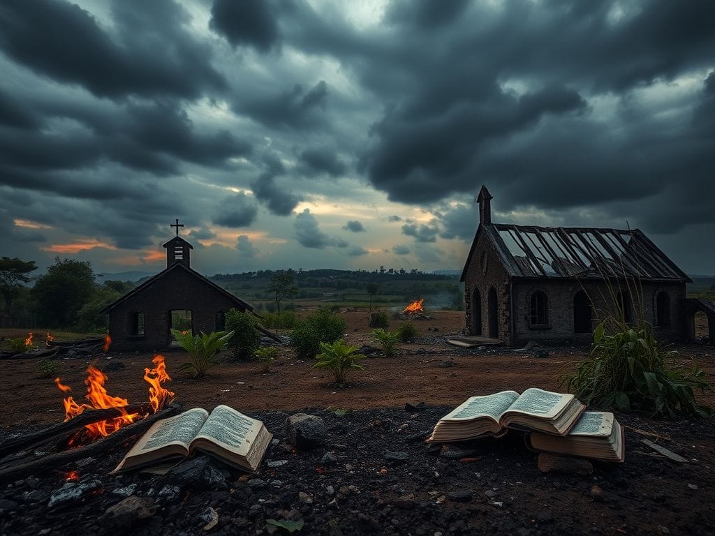 Flick International Aftermath of violence in Nigeria with charred church structures and torn Bibles