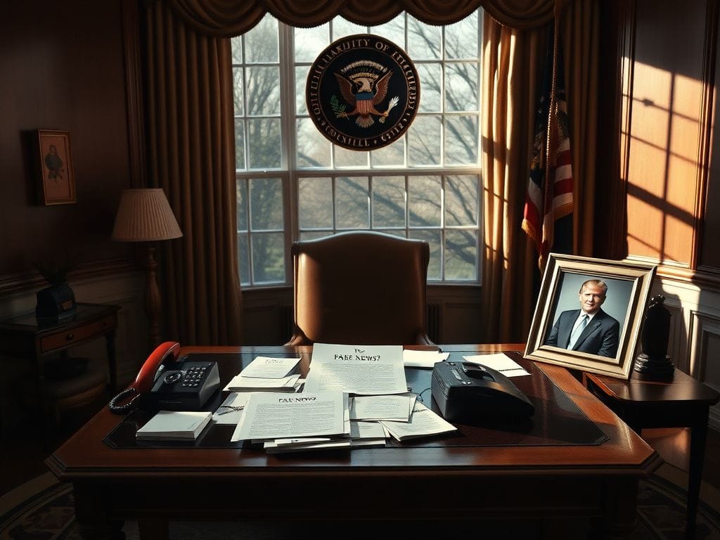Flick International A dramatic view of the Oval Office with the Resolute Desk, papers, and the presidential seal