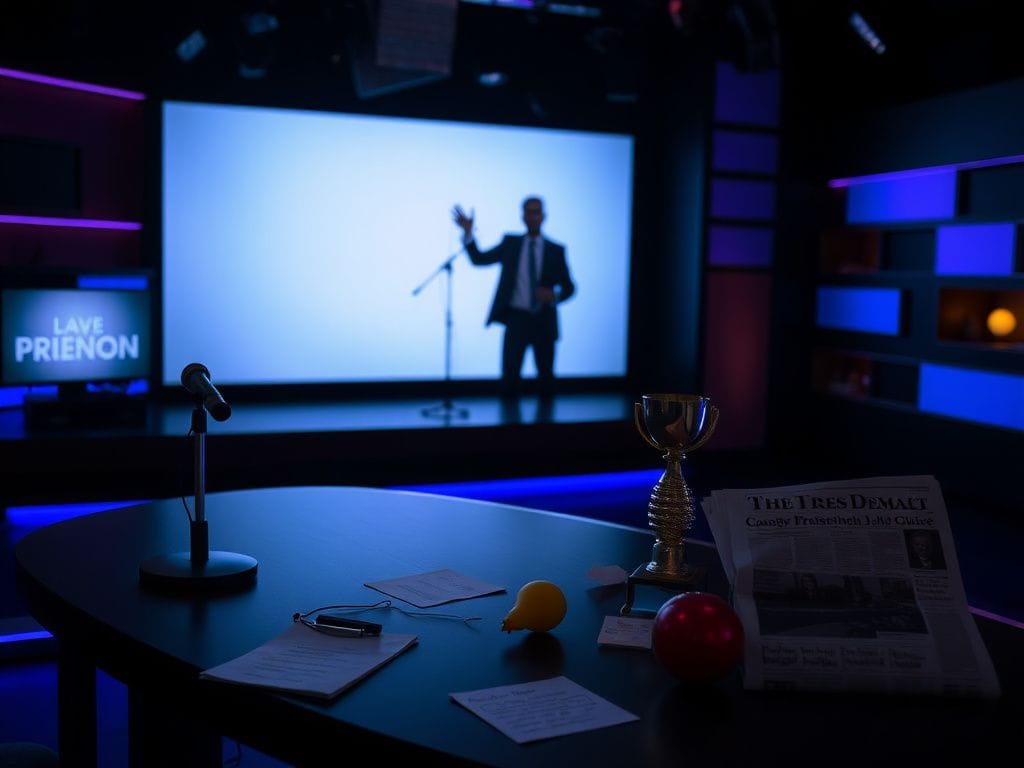 Flick International A dimly lit late-night television studio with a sleek desk and colorful lighting