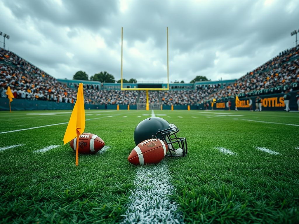 Flick International Dramatic scene from a football game with a focus on penalty flags and a helmet on the ground.