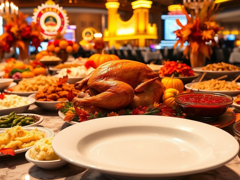 Flick International Lavish Thanksgiving buffet featuring roasted turkey and colorful side dishes amidst iconic Las Vegas Strip landmarks