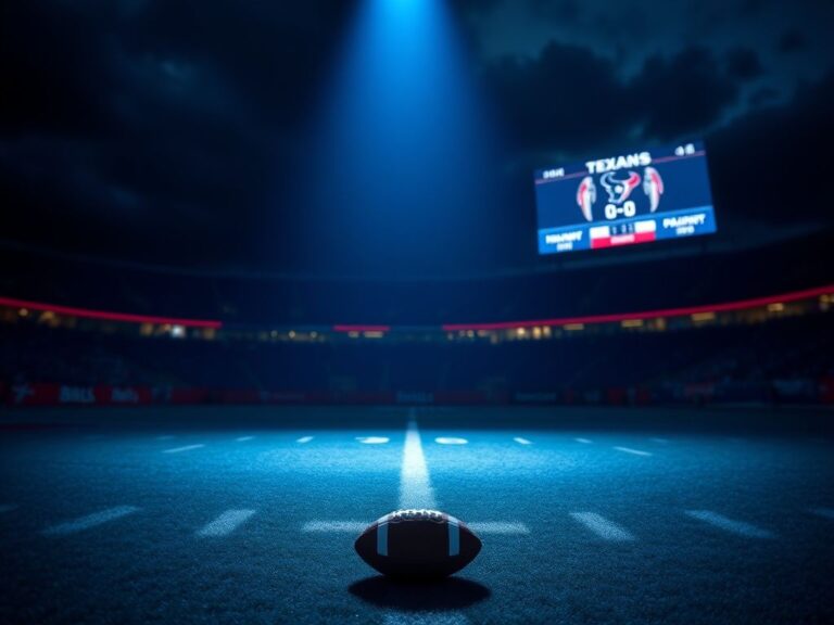 Flick International Empty quarterback position on a dimly lit football field symbolizing C.J. Stroud's absence due to concussion.