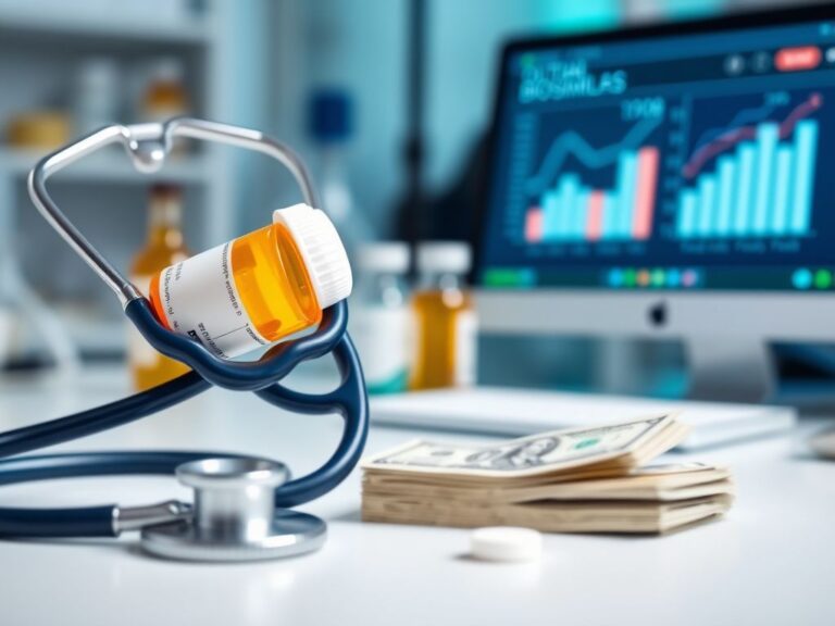 Flick International Close-up of a stethoscope, prescription bottle, and dollar bills symbolizing healthcare costs