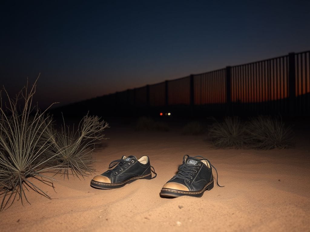 Flick International Worn-out shoes abandoned in the desert near the U.S.-Mexico border at dusk