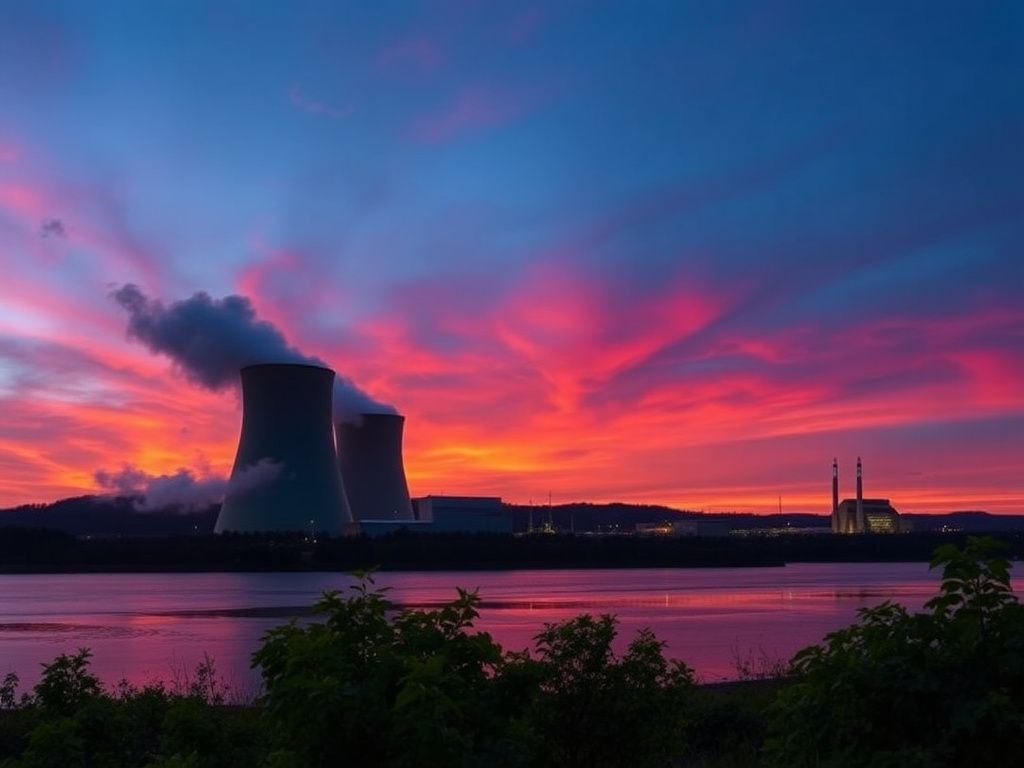 Flick International A sweeping view of the Three Mile Island nuclear power plant at sunset