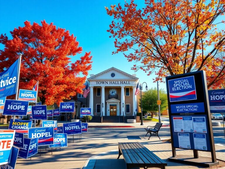 Flick International A vibrant New Jersey town hall adorned with Democratic flags and campaign posters