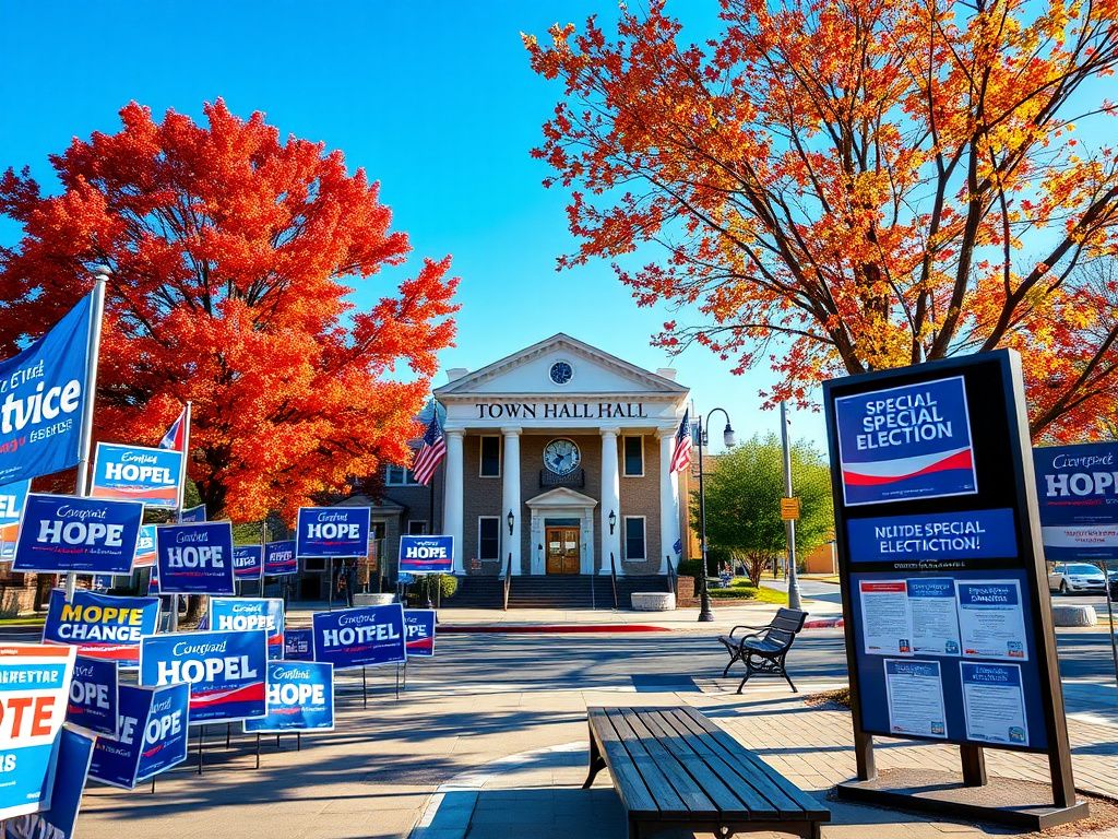 Flick International A vibrant New Jersey town hall adorned with Democratic flags and campaign posters