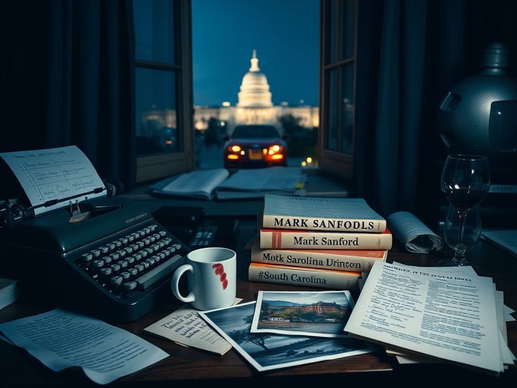 Flick International Dimly-lit journalist workspace with vintage typewriter and political books