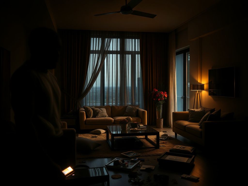 Flick International Dimly lit modern living room showing signs of a home invasion with scattered high-end furniture.