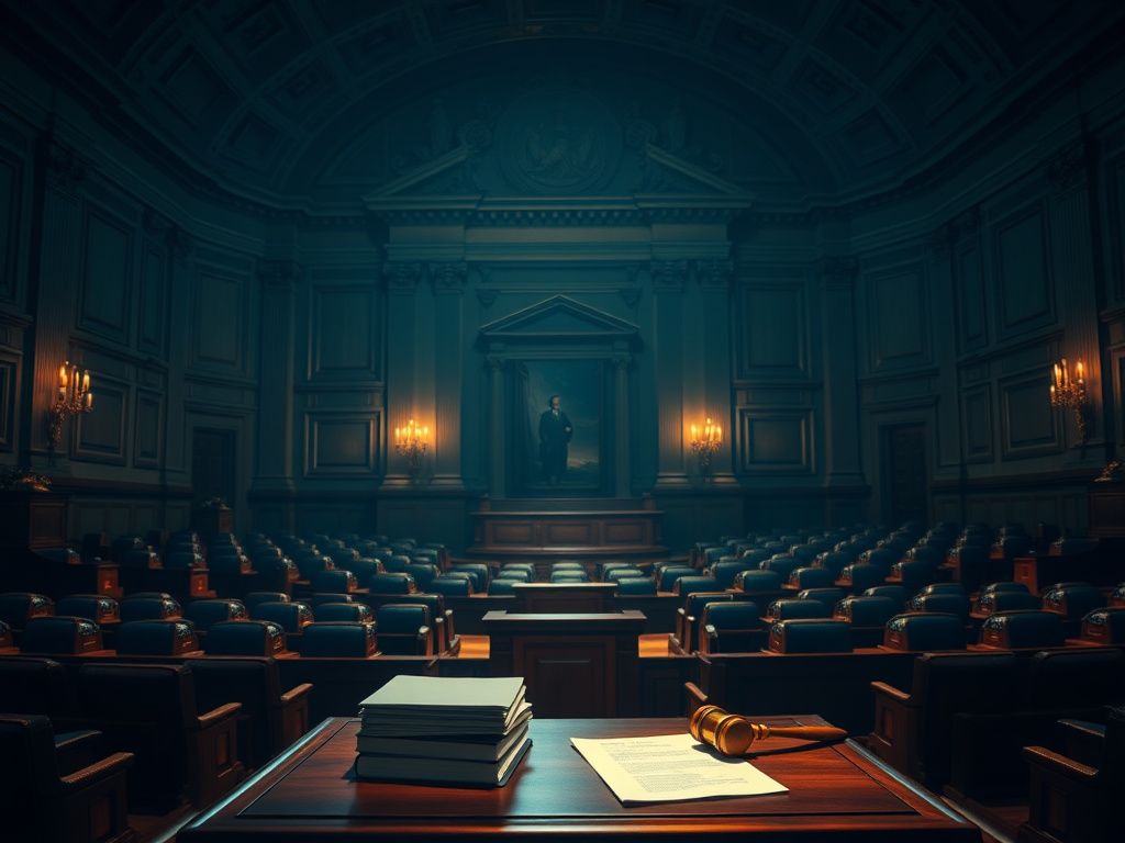 Flick International Grand empty congressional chamber with a wooden podium and official documents