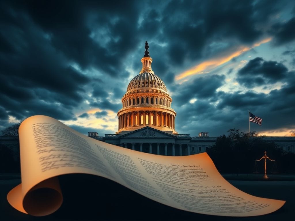 Flick International Dramatic dusk view of the U.S. Capitol building with a scroll symbolizing document release