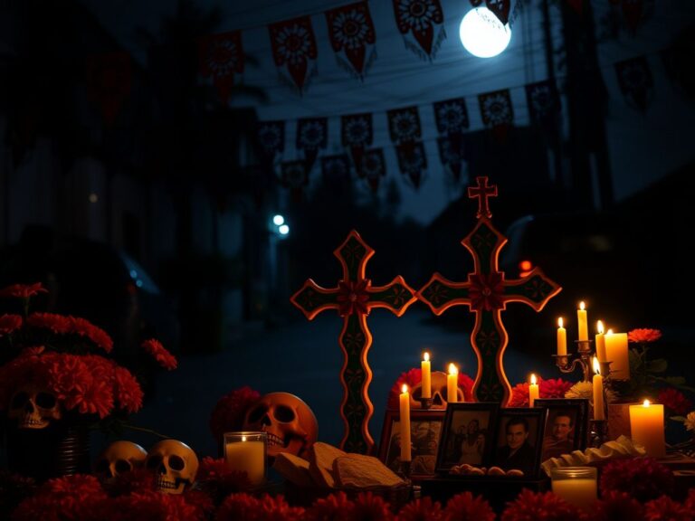 Flick International Traditional Day of the Dead altar in Uruapan adorned with marigolds and sugar skulls