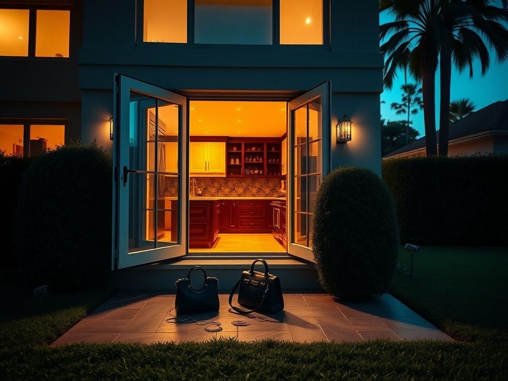 Flick International A luxurious home at dusk showing open kitchen window with handbag and jewelry inside, symbolizing recent burglaries.