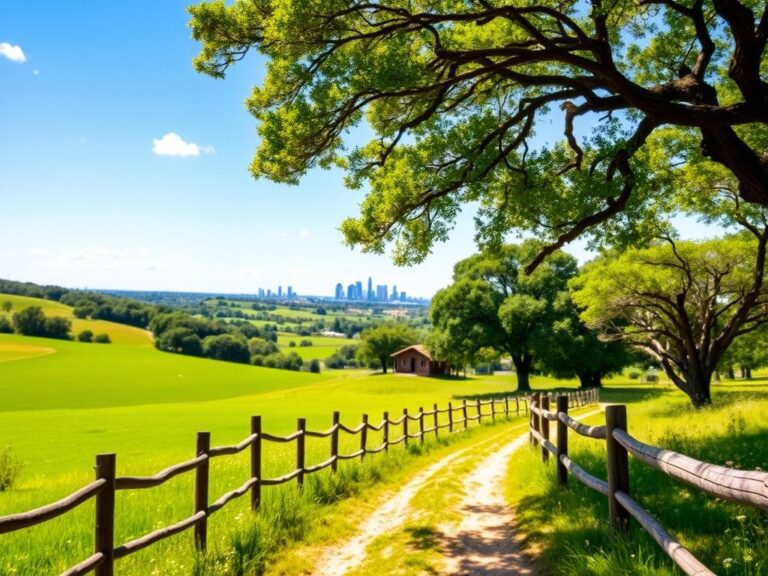Flick International Serene landscape of Austin, Texas, featuring a farmhouse, green fields, and blue sky