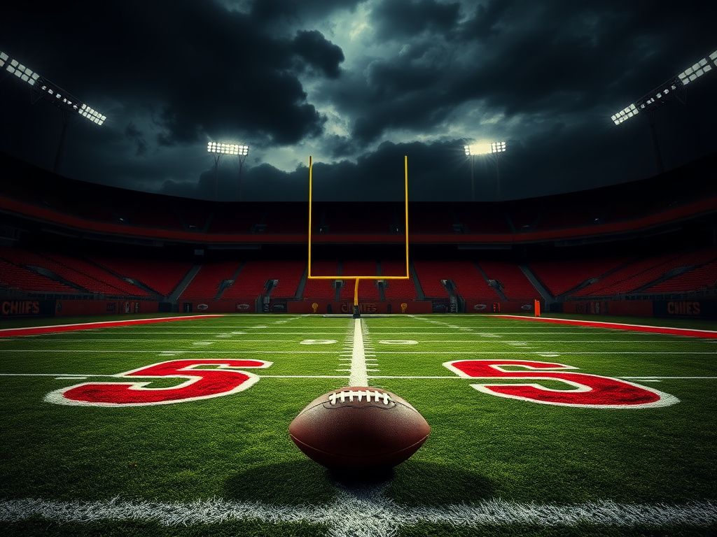 Flick International Dimly lit football stadium with an empty field in Chiefs' colors