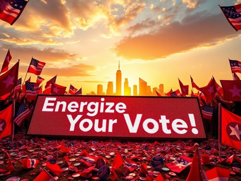 Flick International A vibrant political rally with red campaign banners and a modern city skyline