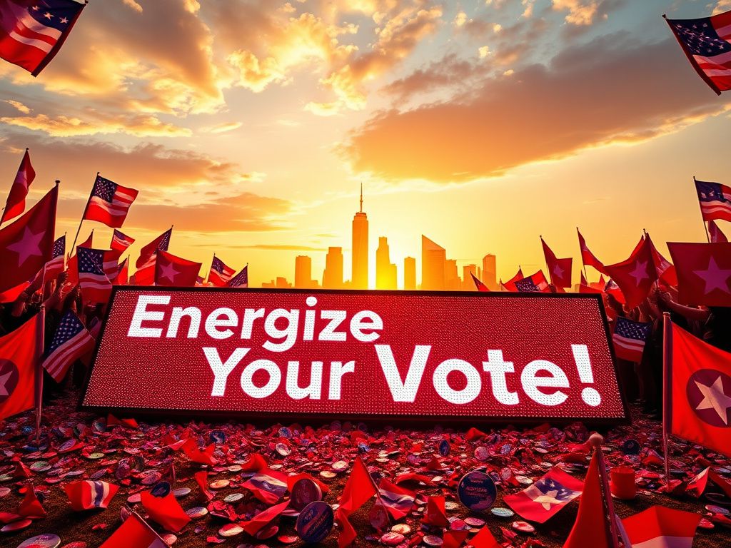 Flick International A vibrant political rally with red campaign banners and a modern city skyline