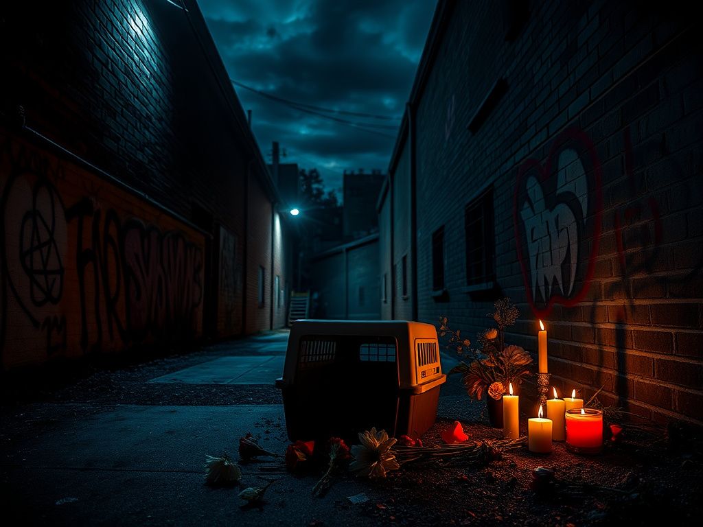 Flick International Dark alley in the Bronx at night with an abandoned cat carrier, wilted flowers, and flickering candles