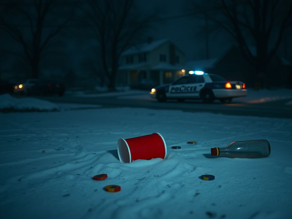 Flick International Dark, snowy landscape at dawn with a police cruiser and a red Solo cup in the foreground.