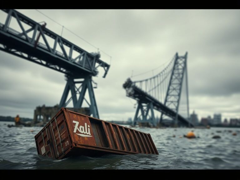 Flick International remains of the Francis Scott Key Bridge partially collapsed into the Patapsco River with debris scattered