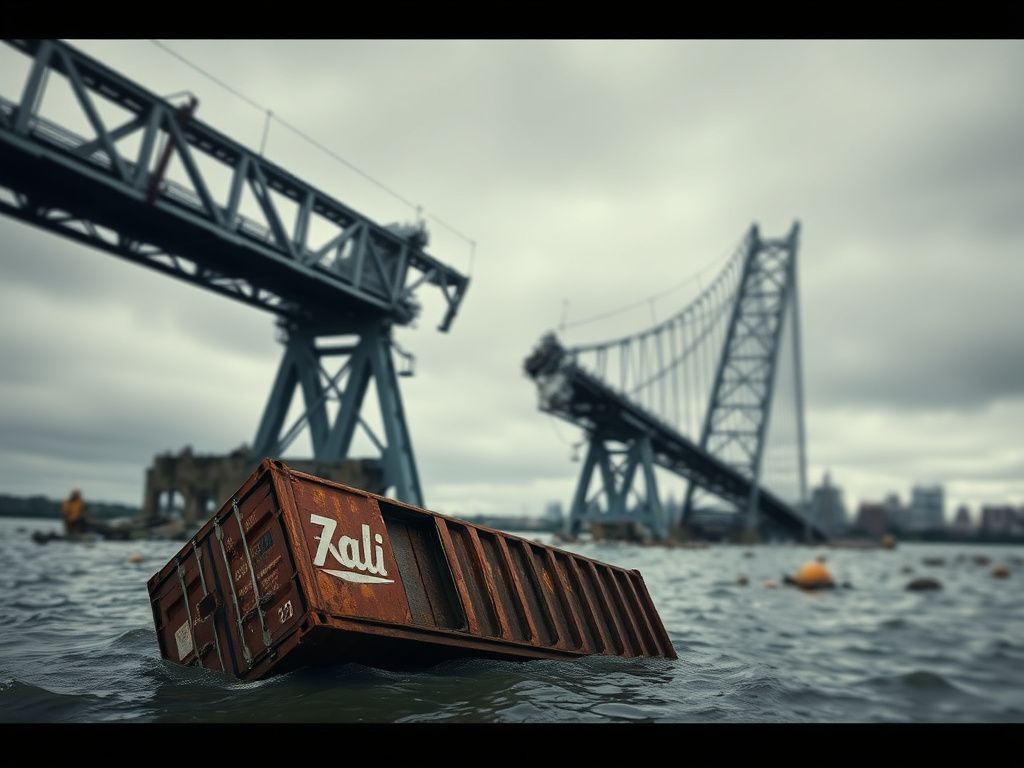 Flick International remains of the Francis Scott Key Bridge partially collapsed into the Patapsco River with debris scattered