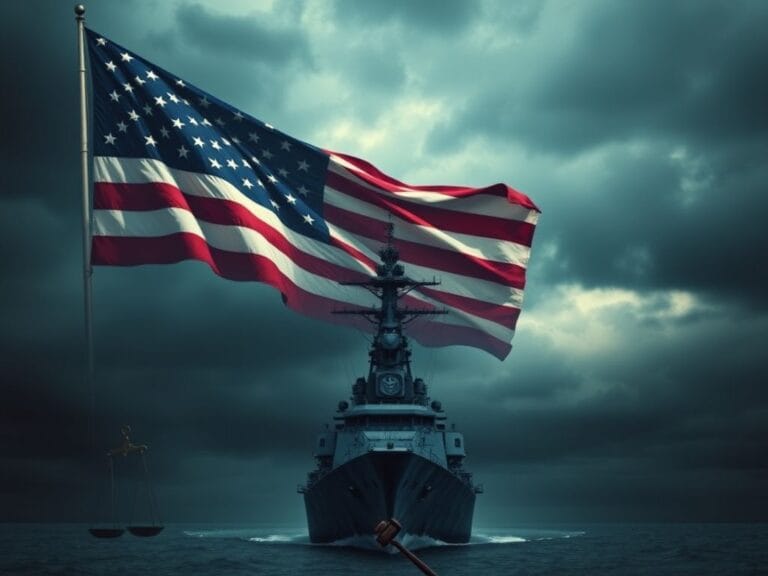 Flick International A naval battleship stands resolutely against stormy skies with a large American flag waving prominently.