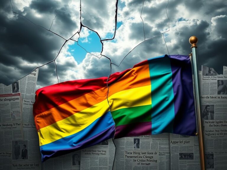 Flick International Cracked mirror reflecting vibrant rainbow colors symbolizing transgender pride amidst dark clouds representing backlash.