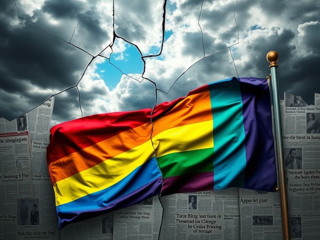 Flick International Cracked mirror reflecting vibrant rainbow colors symbolizing transgender pride amidst dark clouds representing backlash.