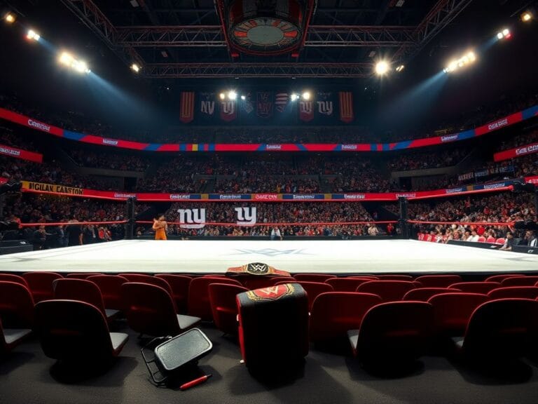 Flick International Wrestling ring at Madison Square Garden with overturned chairs and championship belt after a confrontation.