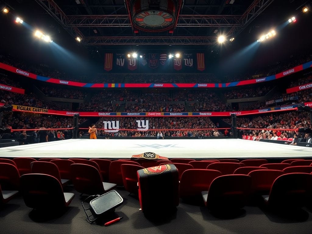 Flick International Wrestling ring at Madison Square Garden with overturned chairs and championship belt after a confrontation.