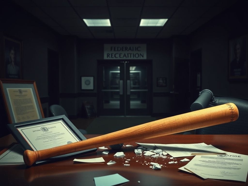 Flick International Dimly lit reception area of a federal office showing signs of recent vandalism, highlighted by a baseball bat on a disordered desk