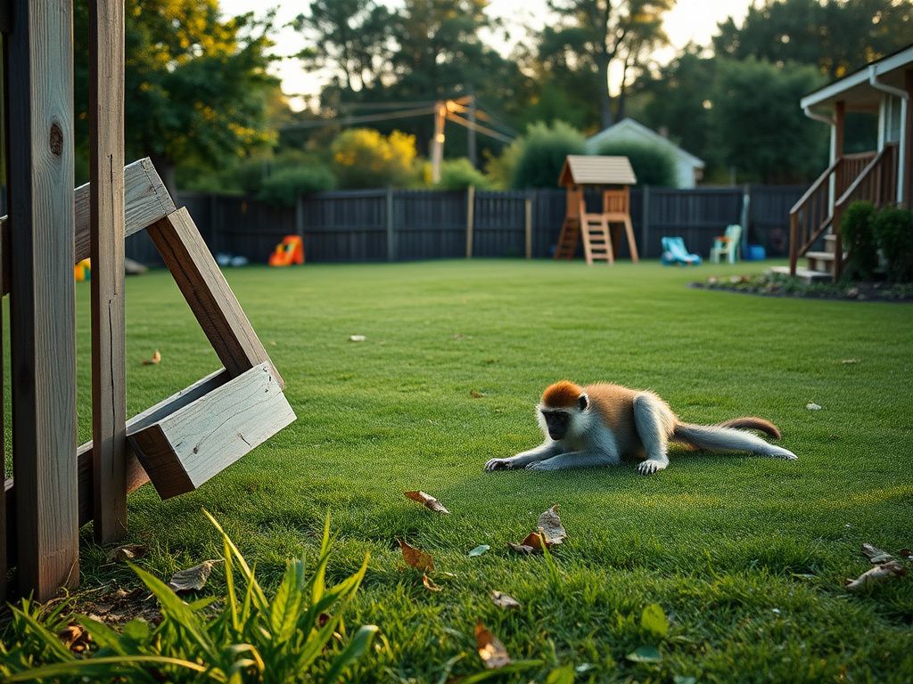 Flick International A distressed brown and white monkey lying on a suburban lawn after being shot by a mother to protect her children