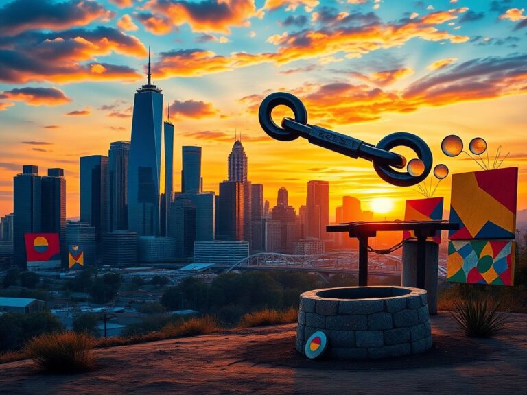 Flick International A vibrant urban landscape at dusk with a modern city skyline and a large, stylized broken chain symbolizing freedom from political constraints.