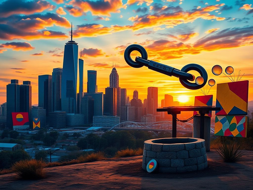 Flick International A vibrant urban landscape at dusk with a modern city skyline and a large, stylized broken chain symbolizing freedom from political constraints.