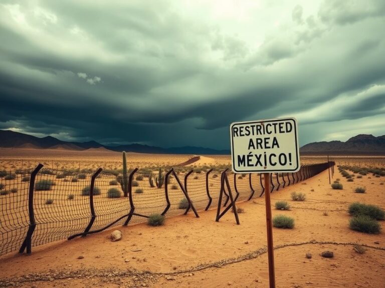 Flick International Dramatic view of the U.S.-Mexico border showcasing a weathered fence and a moody sky