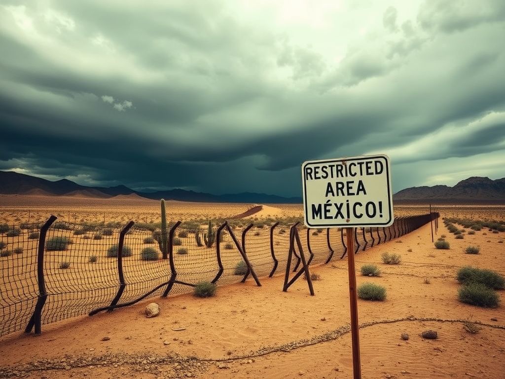 Flick International Dramatic view of the U.S.-Mexico border showcasing a weathered fence and a moody sky