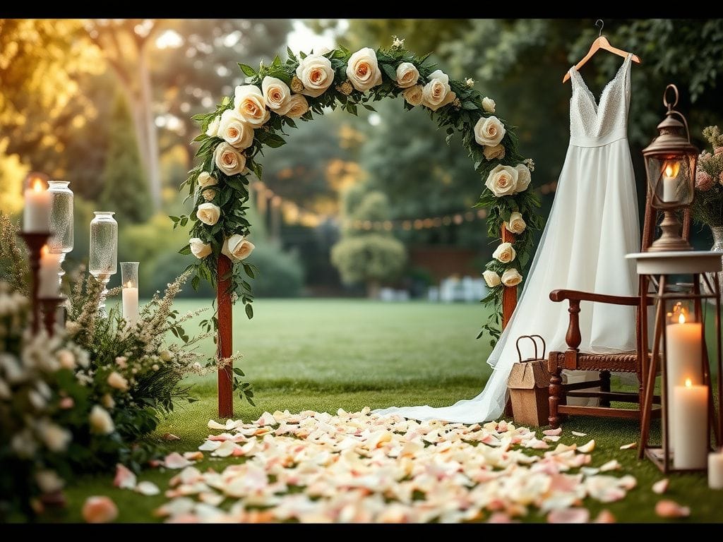 Flick International Wedding scene in a serene garden with white roses and greenery