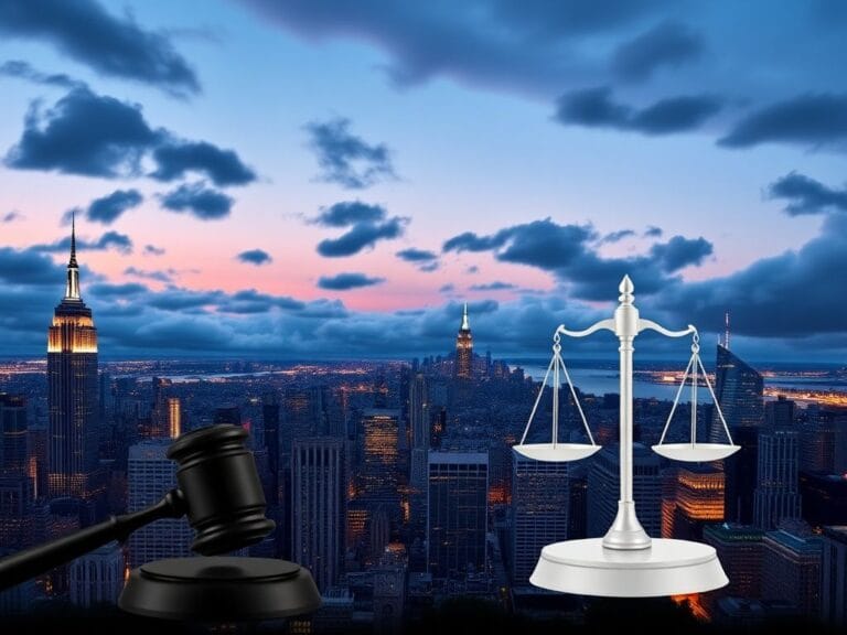 Flick International Panoramic view of New York City's skyline at dusk with gavel and scales of justice