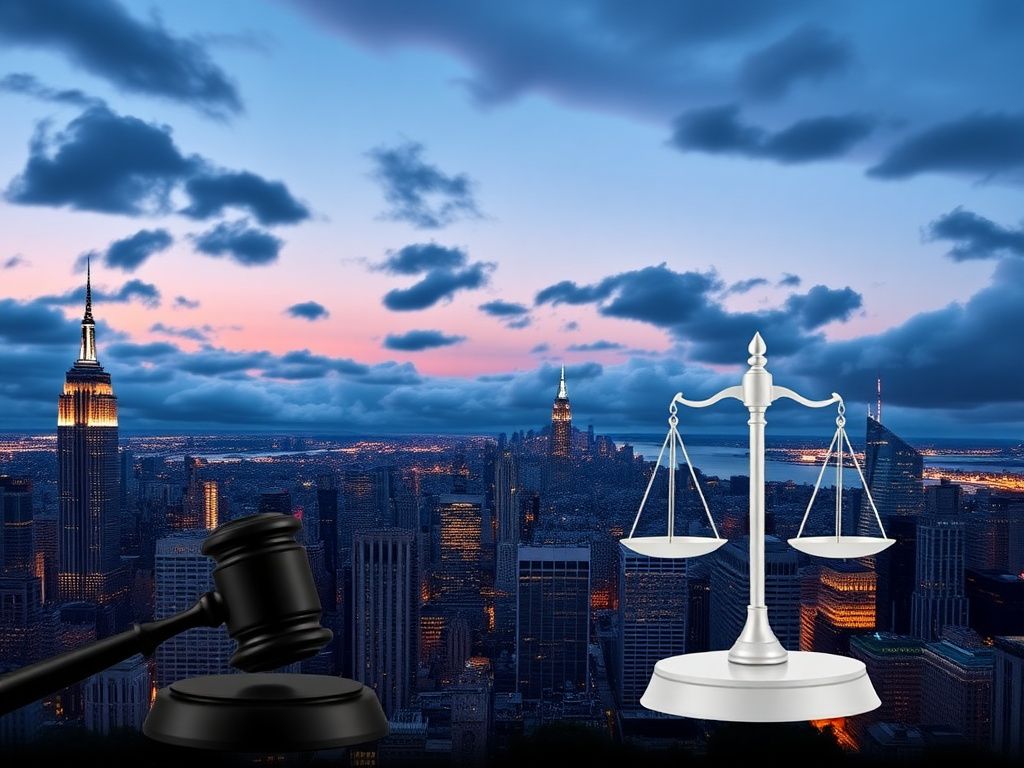 Flick International Panoramic view of New York City's skyline at dusk with gavel and scales of justice