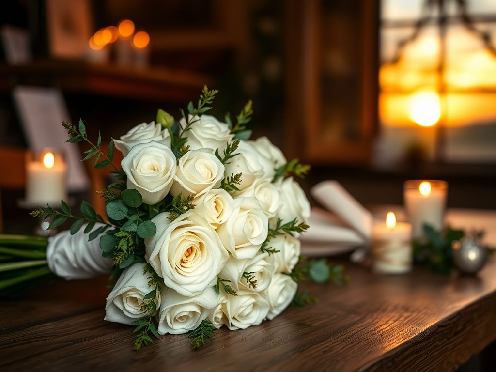 Flick International A beautifully arranged wedding bouquet of white roses on a rustic wooden table