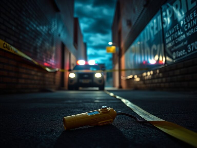 Flick International Taser lying on the ground in a darkened alley in Buffalo, New York, marked by caution tape