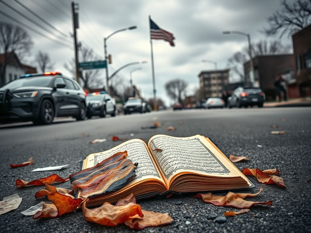 Flick International Torn and charred Quran on pavement symbolizing conflict in Dearborn