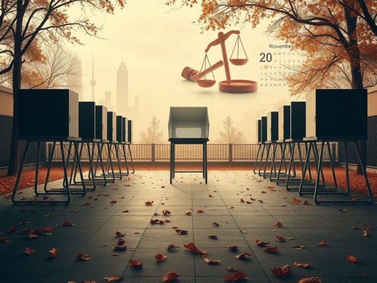 Flick International A deserted polling station with empty ballot boxes in an autumn setting