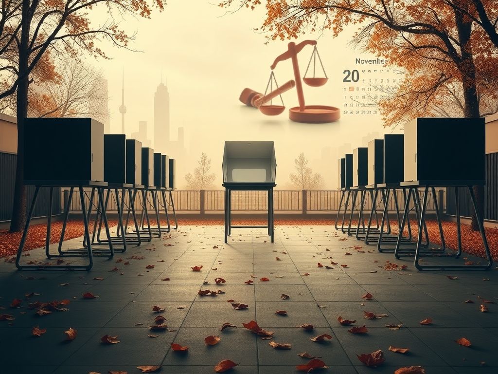 Flick International A deserted polling station with empty ballot boxes in an autumn setting