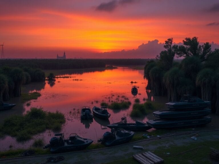 Flick International A wide view of a Louisiana swamp at dusk with patrol boats moored along the bank.