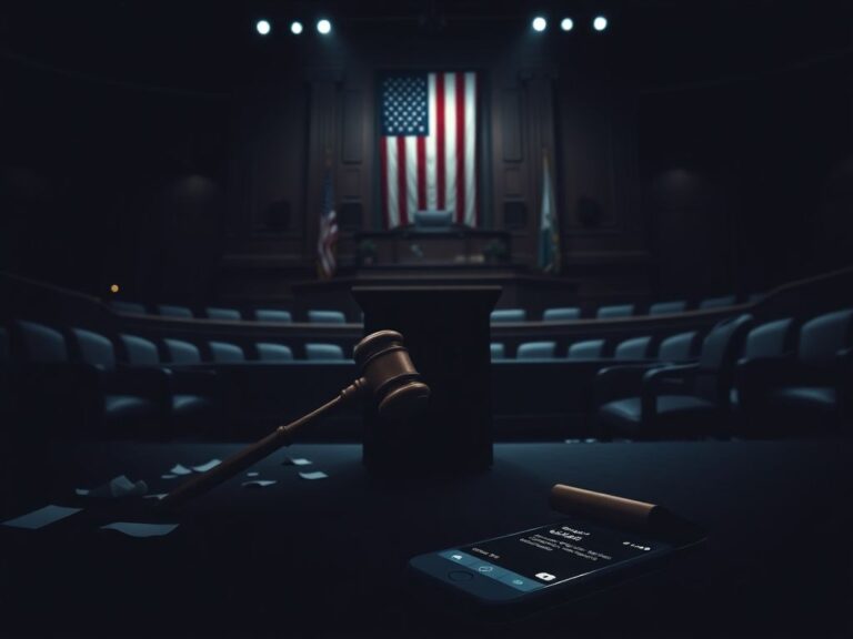 Flick International Dimly lit congressional chamber with an imposing gavel and a smartphone on the floor indicating controversy over texting Jeffrey Epstein.