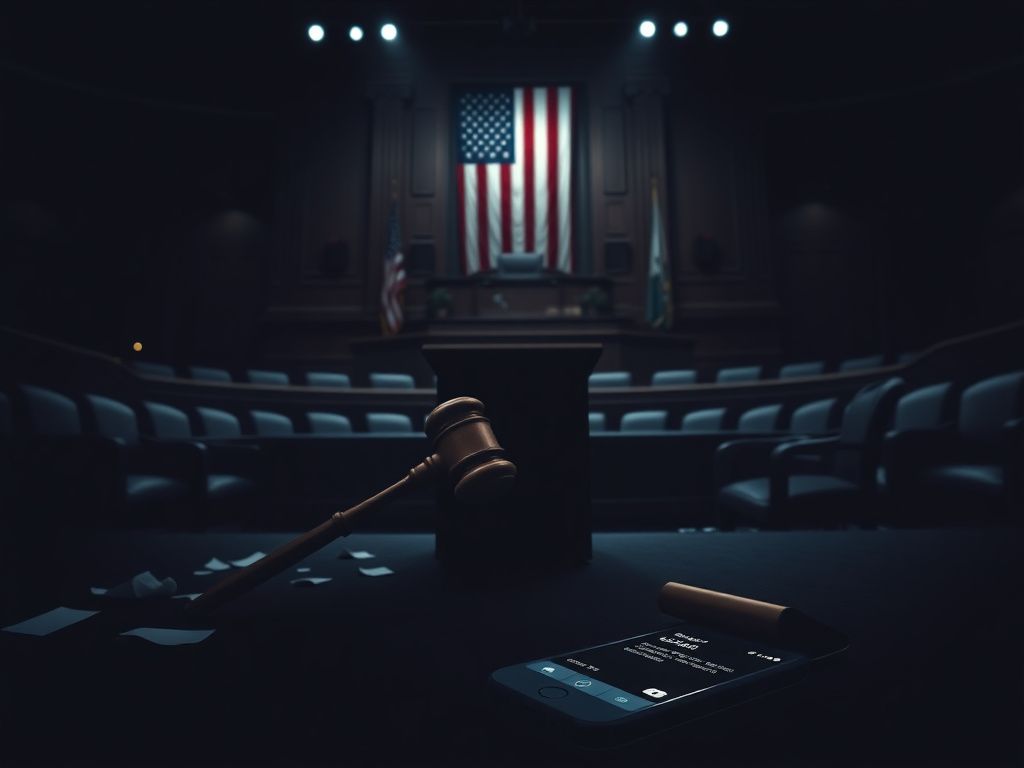 Flick International Dimly lit congressional chamber with an imposing gavel and a smartphone on the floor indicating controversy over texting Jeffrey Epstein.
