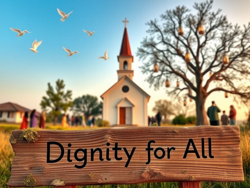 Flick International A serene landscape featuring a peaceful church surrounded by a diverse community symbolizing welcome and compassion.