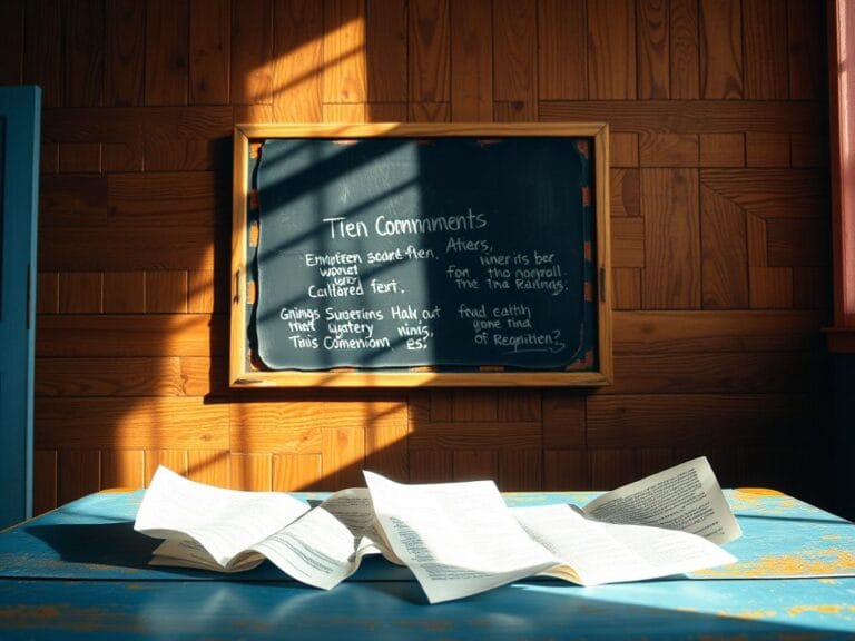 Flick International Textured wooden classroom wall with an empty chalkboard, symbolizing absence of Ten Commandments display