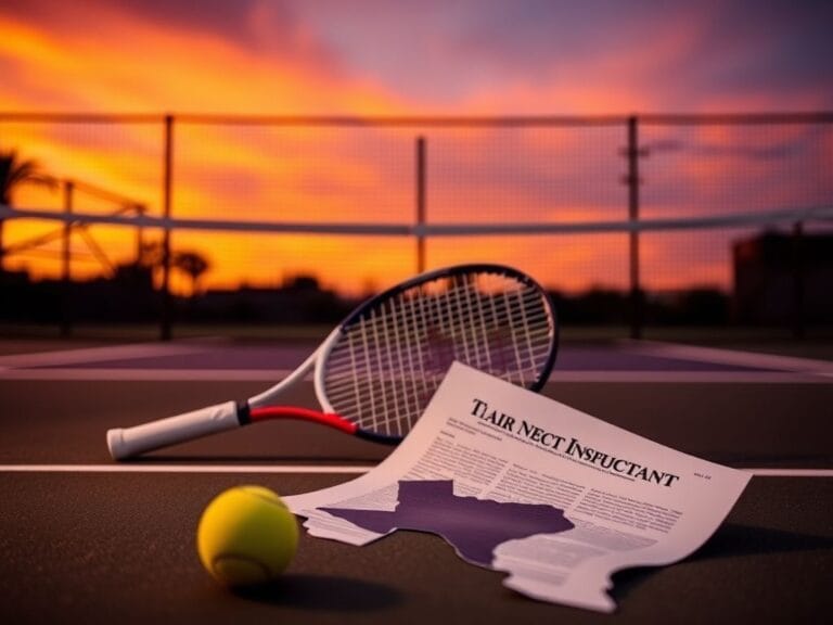 Flick International A dramatic sunset scene on a tennis court, featuring a lone racket and ball on the ground